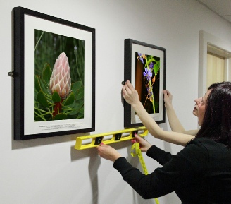 Justyna Dakowicz and Dimitra Kountiou installing photographic exhibition.