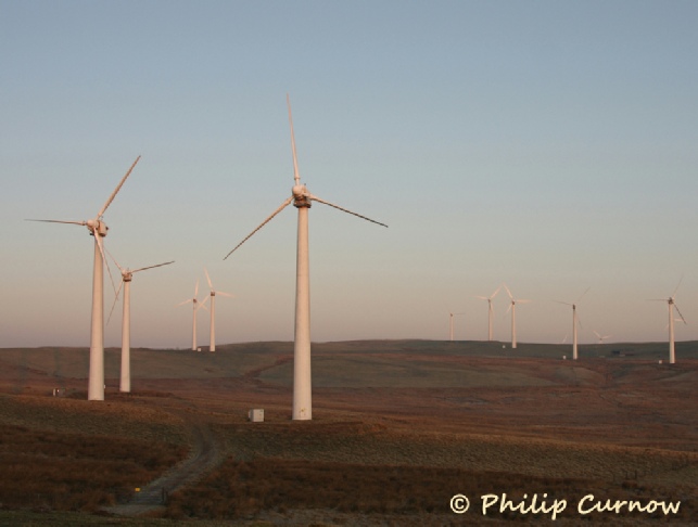 Powys Wind Turbines in the first light of dawn - tomorrow's symbol of energy