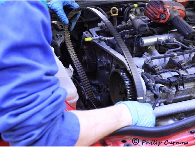 Vehicle Mechanic repairing engine with new cambelt.  Keeping the wheels of business turning.